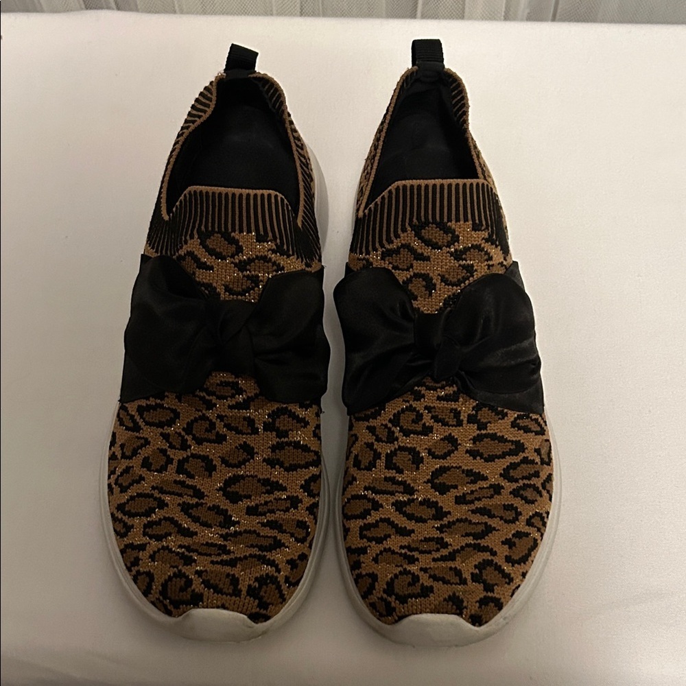 Skechers Leopard Print Slip-On Sneakers with Black Bow